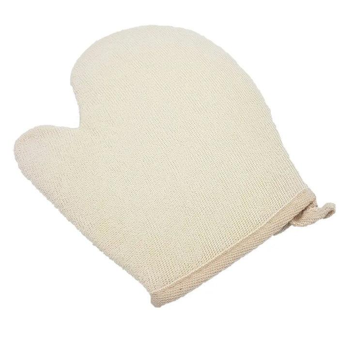 Beige knitted bath glove with textured jute mix fabric and tied wrist strap for exfoliating scrub mitt use