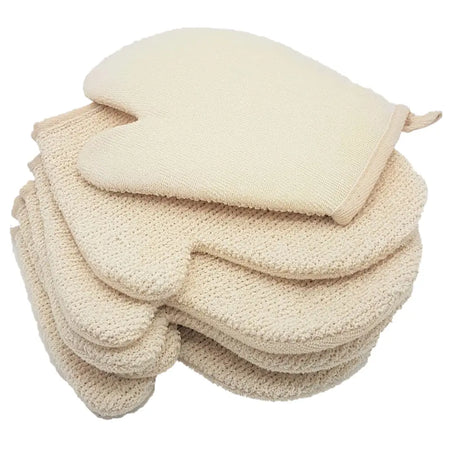Beige textured jute mix exfoliating scrub mitt with soft absorbent fabric and looped handle for easy grip