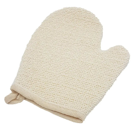 Beige jute mix exfoliating scrub mitt with a textured knitted surface and tied wrist strap for easy use