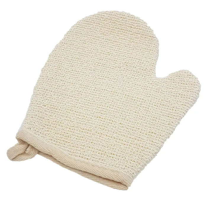 Beige jute mix exfoliating scrub mitt with a textured knitted surface and tied wrist strap for easy use