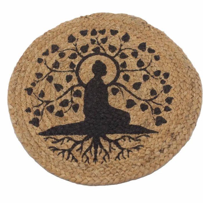 Jute place mat with a natural beige woven base featuring a black silhouette of a meditating figure under a bodhi tree