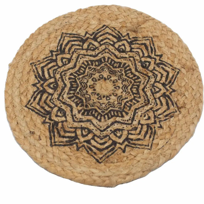 Circular woven jute coaster with a detailed black mandala design for natural textured decor use