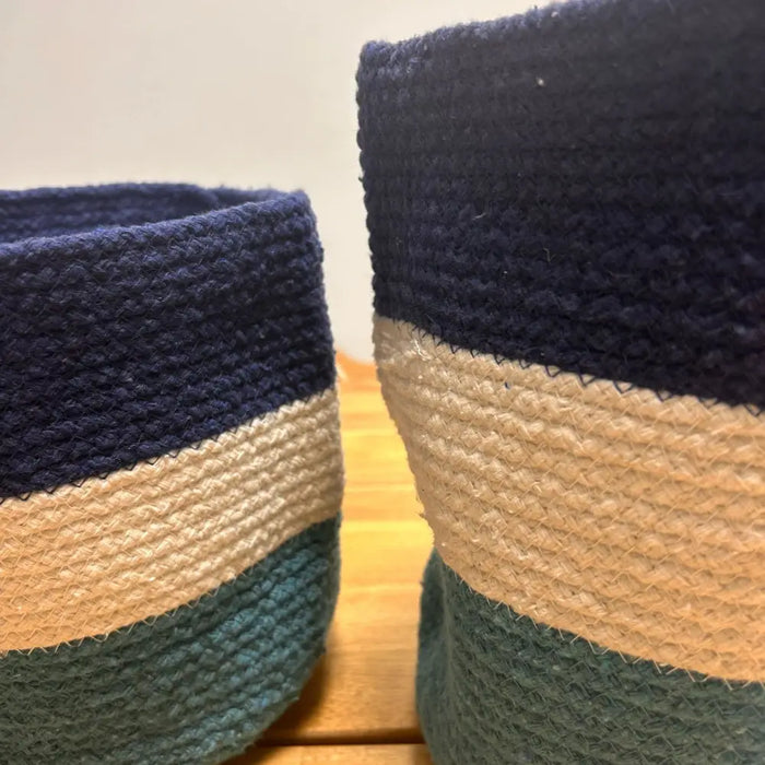 Jute rope storage baskets set of 3 with navy beige and teal stripes featuring evil eye design