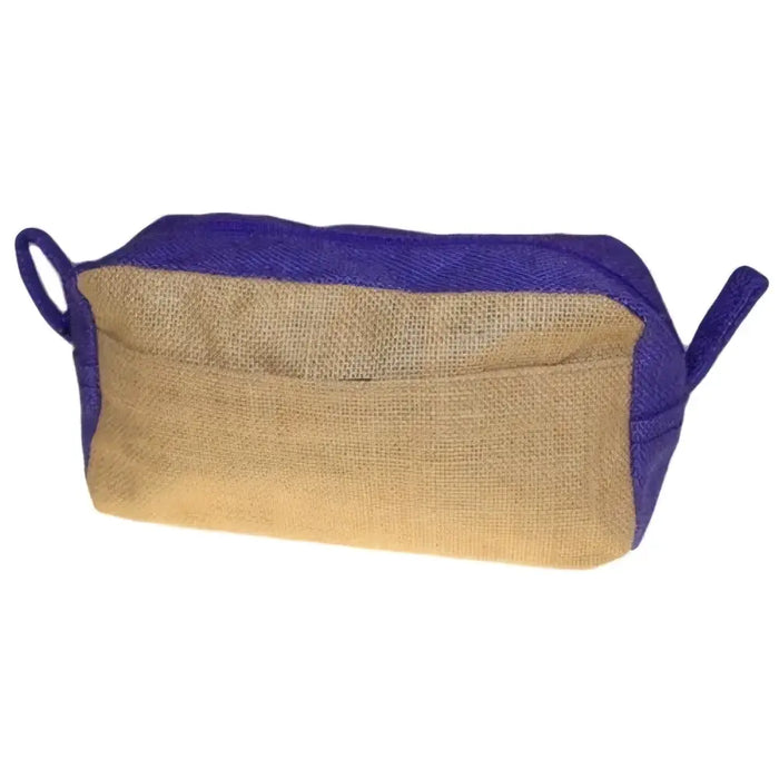 Purple and beige jute toiletry bag with fabric handles made of natural and lavender burlap material