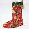 Vibrant red kantha stitched christmas stocking with quilted floral and paisley patterns in gold blue green and brown