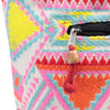 Kathmandu big bag woven with vibrant pink yellow teal and orange geometric pattern featuring wooden bead zipper pull