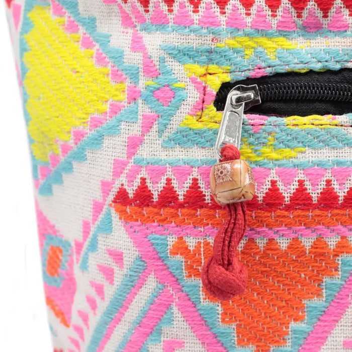 Kathmandu big bag woven with vibrant pink yellow teal and orange geometric pattern featuring wooden bead zipper pull