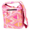 A kathmandu big bag with vibrant pink and orange geometric woven pattern and magenta interior lining