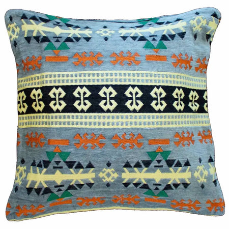 A light blue kilim cushion cover with orange green black and cream geometric patterns for standard cushions