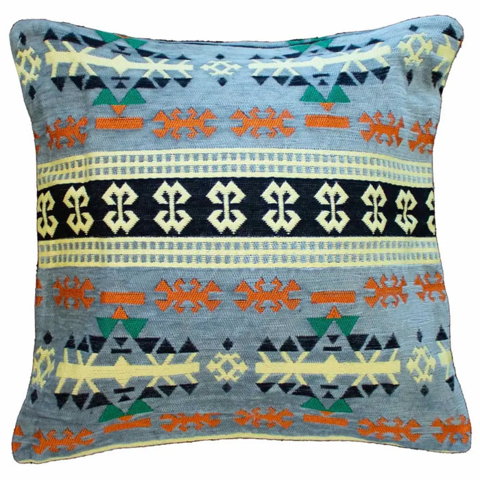 A light blue kilim cushion cover with orange green black and cream geometric patterns for standard cushions