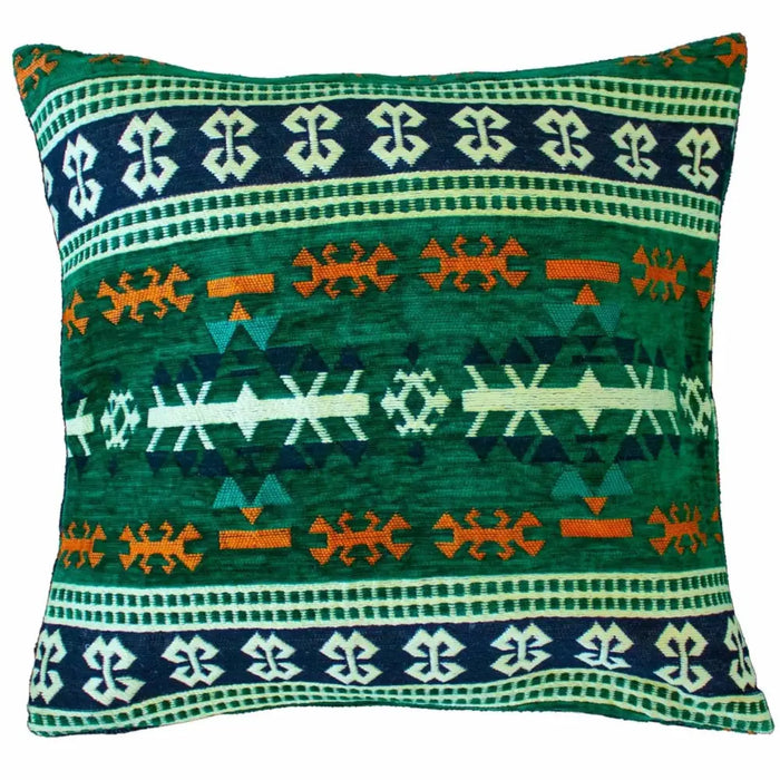 Green kilim cushion cover with intricate white orange and navy geometric patterns for standard cushion use