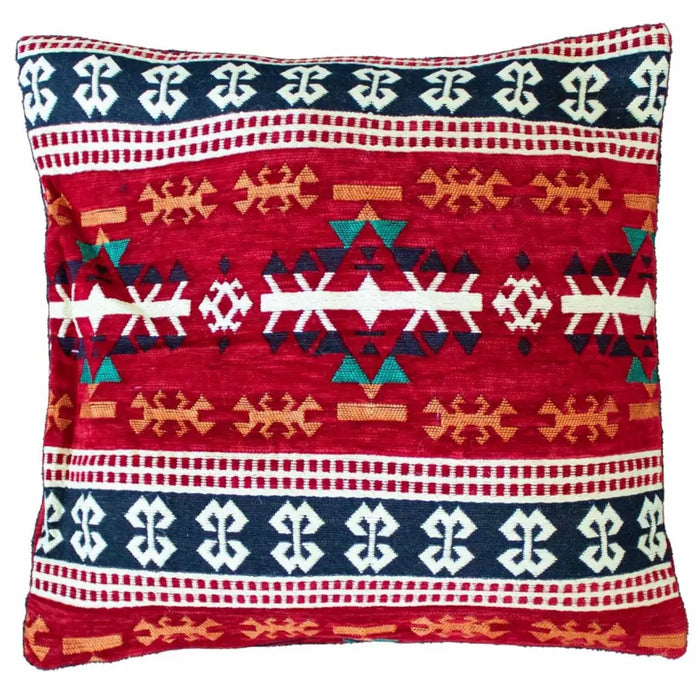 Vibrant red kilim standard cushion cover with geometric patterns in navy white orange and teal in woven fabric
