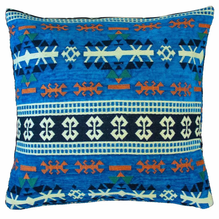 Vibrant blue kilim cushion cover with intricate orange cream and navy geometric patterns for standard cushion use