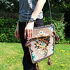 Beige and teal geometric-patterned kilim summer messenger bag with brown tassels and wooden beads woven crossbody bag