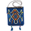 Kilim summer messenger bag in sky blue with orange cream green geometric patterns tassels and black white braided strap