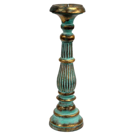 Large albasia wood candle stand with distressed turquoise and gold finish and vertical fluted detailing