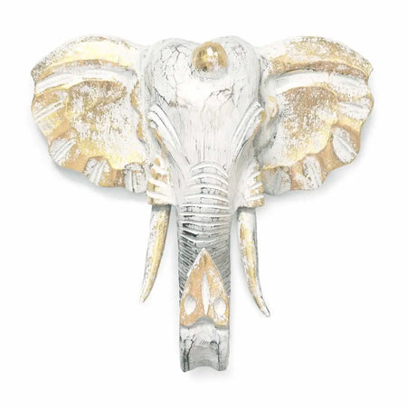 Large albasia wood elephant head wall decor in whitewash and gold with distressed carved details