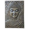 Large antique gold buddha relief wall plaque with bronze textured surface featuring serene buddha face and leaf motifs