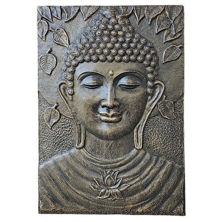 Large antique gold buddha relief wall plaque with bronze textured surface featuring serene buddha face and leaf motifs