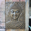 Large antique gold buddha relief sculpture in bronze with intricate leaf and lotus detailing measuring one meter tall