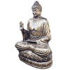 Large antique gold bronze buddha statue with intricate detailing in a serene meditative pose on a lotus base
