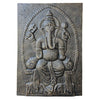 Large antique gold ganesha relief wall sculpture in dark gray textured material showing seated ganesha pose