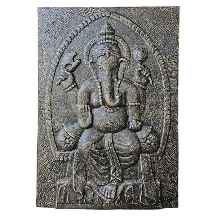 Large antique gold ganesha relief wall sculpture in dark gray textured material showing seated ganesha pose