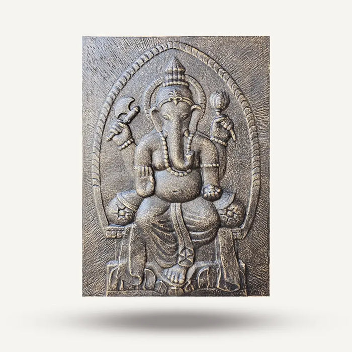 Large antique gold ganesha relief bronze colored intricately carved wall plaque depicting hindu deity ganesha seated regally