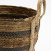 Handwoven large banana leaf and seagrass baskets in natural brown tones with dark gray stripes and jute handles set of 3