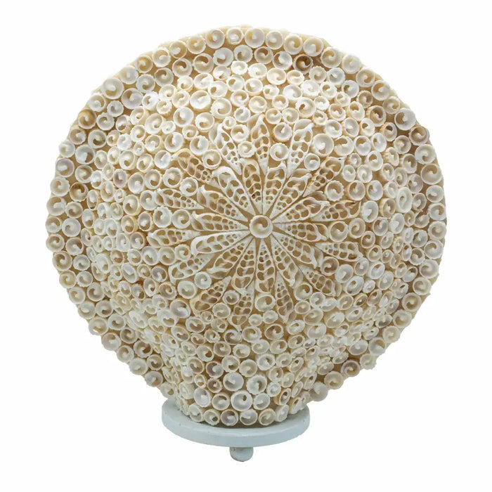 Large boho cut art shell lamp in cream with small spiral seashells arranged round 30cm decorative sculpture