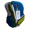 Large boxy hemp backpack in teal and sage with blue and green patchwork and woven textile materials