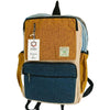 Large boxy hemp backpack in teal and turmeric with textured fabric and beige trim made from hemp materials