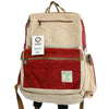 Large boxy hemp backpack in wine and cream with herringbone top panel made of natural hemp materials and zippered compartments