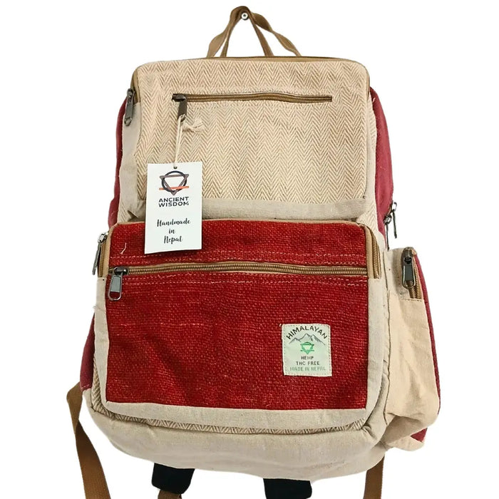 Large boxy hemp backpack in wine and cream with herringbone top panel made of natural hemp materials and zippered compartments