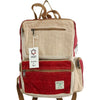 Large boxy hemp backpack in wine and cream with red and beige herringbone pattern and brown straps made from hemp materials