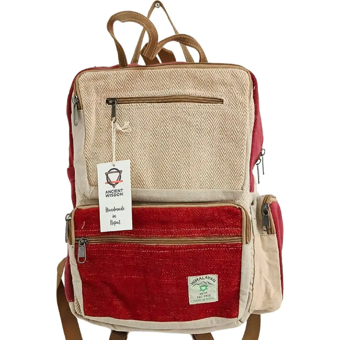 Large boxy hemp backpack in wine and cream with red and beige herringbone pattern and brown straps made from hemp materials