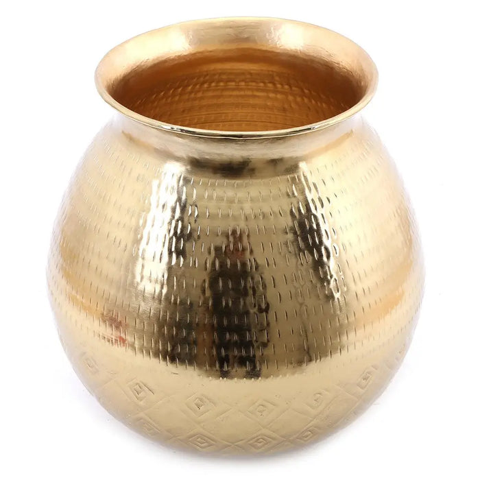 Large brass-finish decorative vase with a golden hammered brass pot and etched kasbah geometric patterns