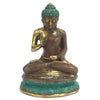 Large brass seated buddha statue with gold accents and turquoise green hair tuft meditating on an ornate lotus base