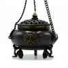 Large brass tibetan incense burner hanging pot in dark bronze with gold filigree and three sculpted animal feet
