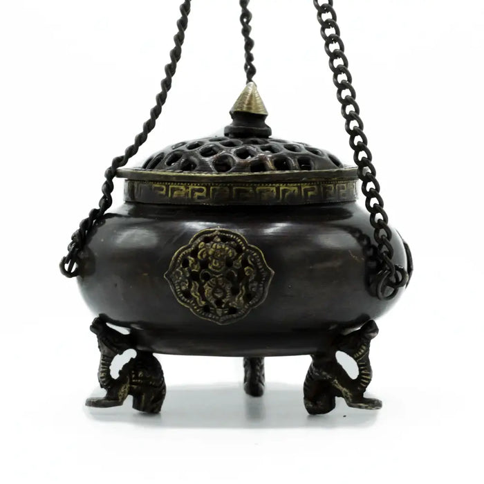 Large brass tibetan incense burner hanging pot in dark bronze with gold filigree and three sculpted animal feet