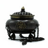 Large black brass Tibetan hanging pot incense burner with ornate lid decorative emblem and chain handles
