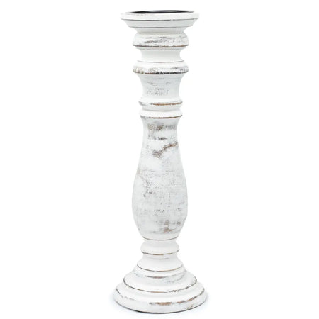 Large candle stand in whitewash mango wood with distressed finish and black inner rim candle holder design