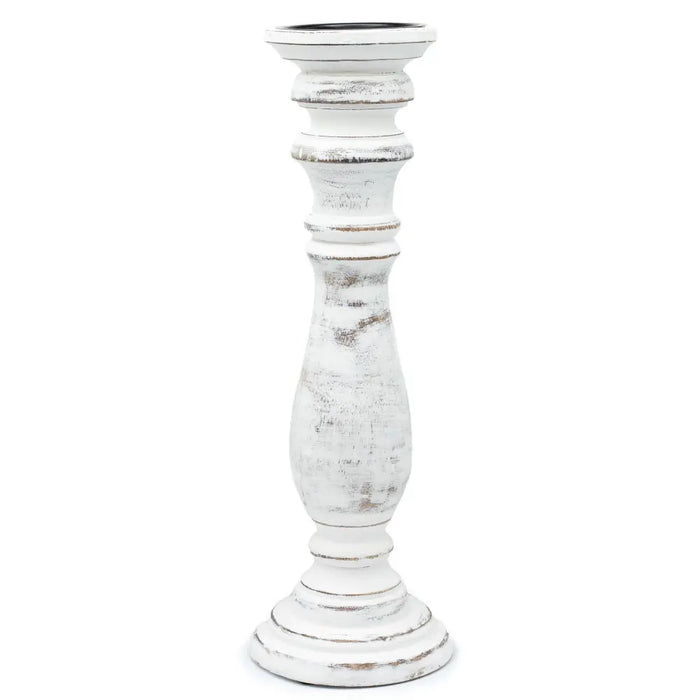 Large candle stand in whitewash mango wood with distressed finish and black inner rim candle holder design