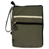 Large olive canvas laptop pouch with black zipper accents and cream horizontal stripe crossbody bag design