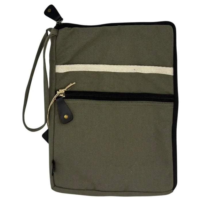 Large olive canvas laptop pouch with black zipper accents and cream horizontal stripe crossbody bag design