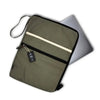Large canvas laptop pouch in olive green with black trim and cream horizontal stripe for laptop protection