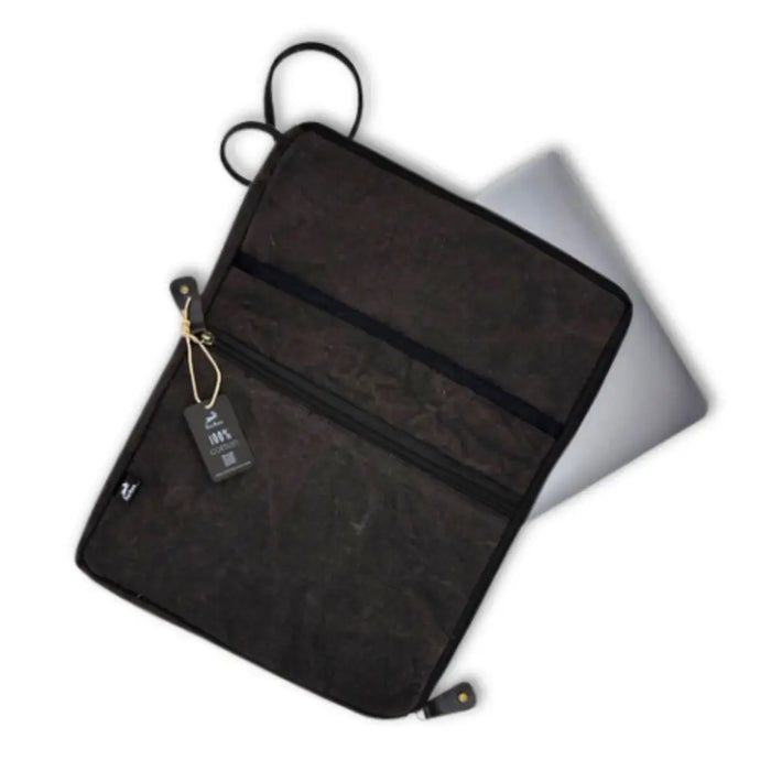 Large canvas laptop pouch in stonewash charcoal with a subtle textured pattern and black zipper pulls