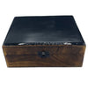 Large ceramic glazed wooden box with a black leather top and dark metal clasp for storage or decor use