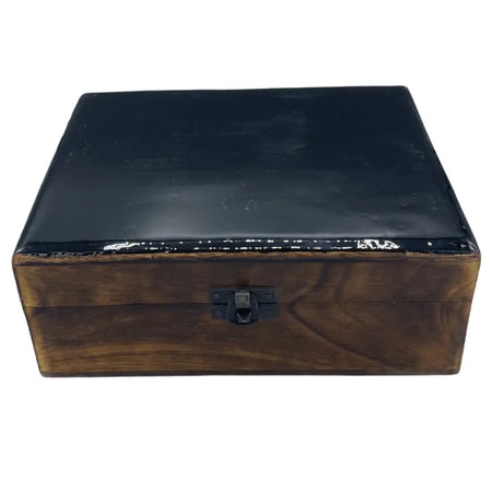 Large ceramic glazed wooden box with a black leather top and dark metal clasp for storage or decor use