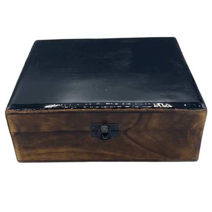 Large ceramic glazed wooden box with a black leather top and dark metal clasp for storage or decor use